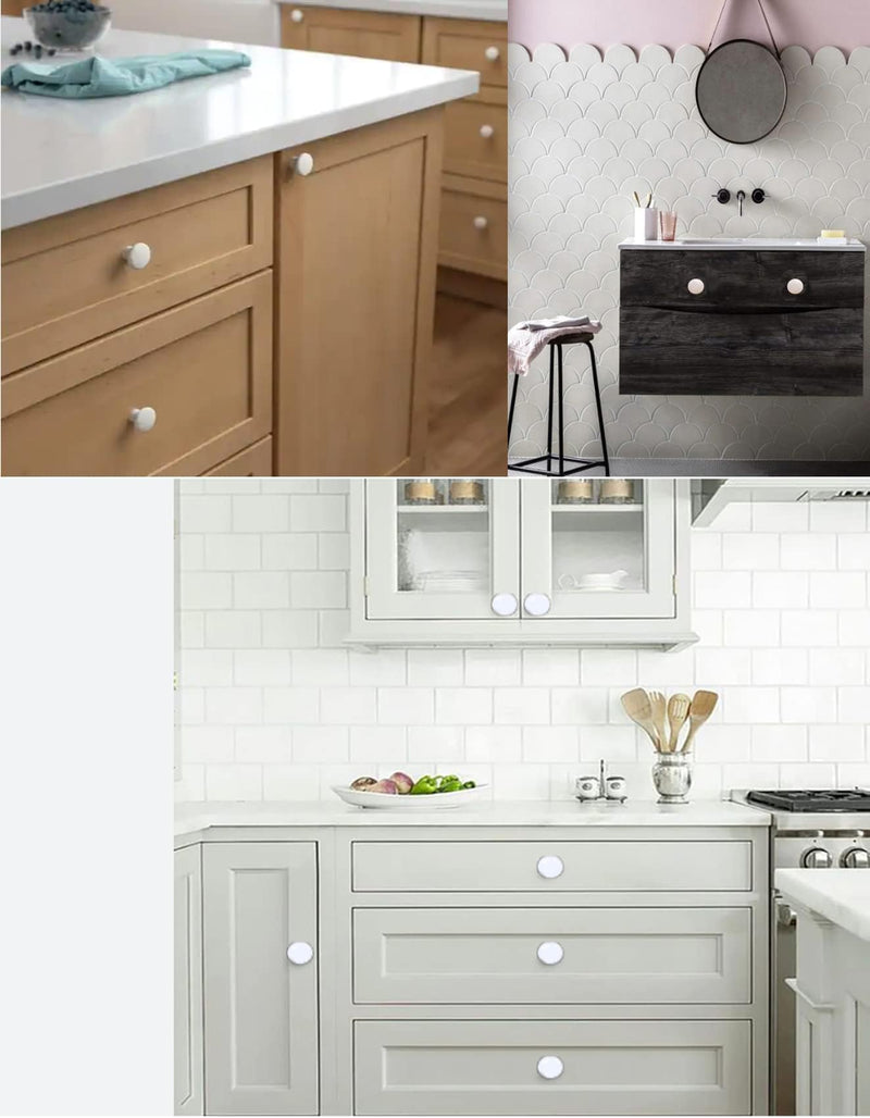 4X White Door Knob Cabinet Retro Round Ceramic Drawer Cupboard Kitchen Dresser Pull Handle Knobs 32mm/1.25" with 3-Sized Screws 4pack