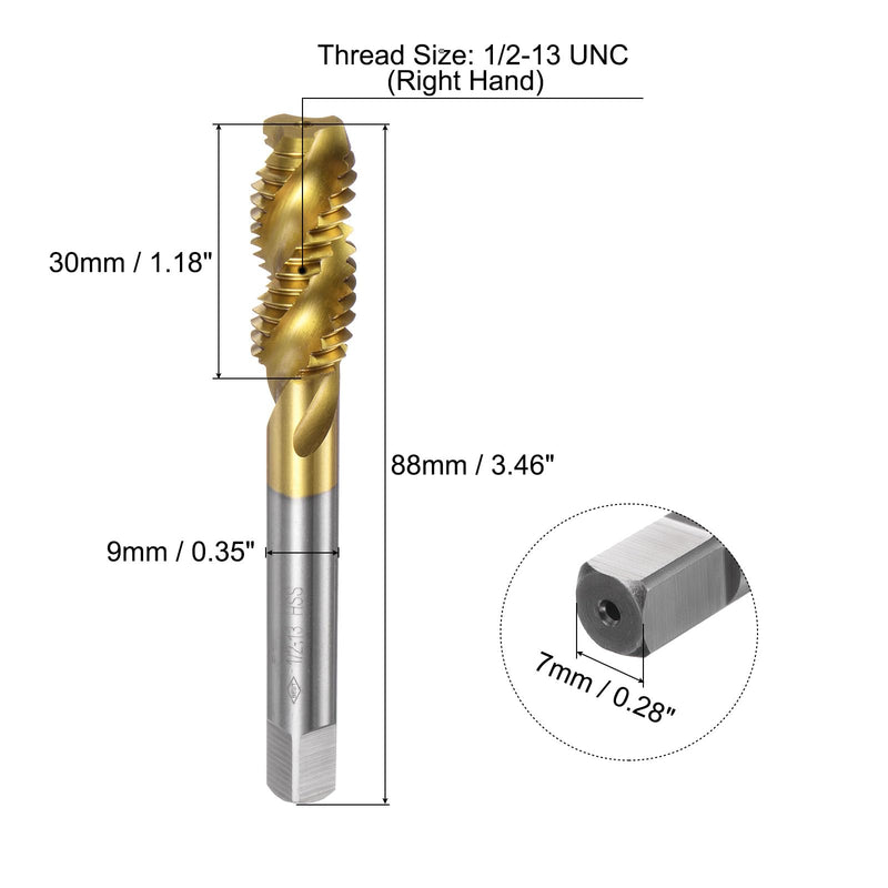 uxcell 2pcs Spiral Flute Thread Taps, 1/2-13 UNC H2 Screw Threading Tap, Titanium Coated 6542 High Speed Steel Machine Tapping Tools for Machinist Repair