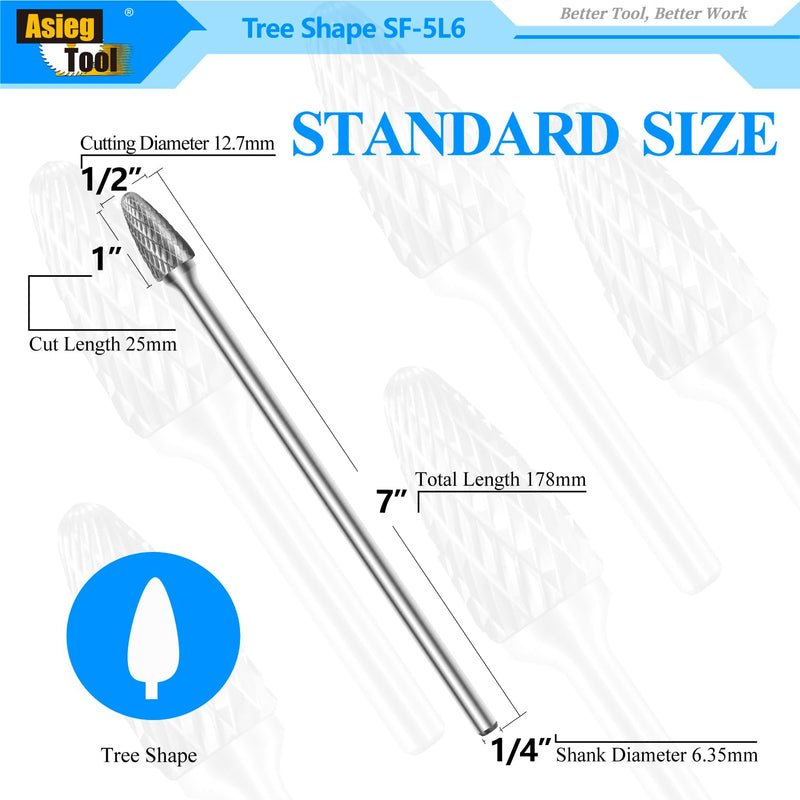 SF-5L6 Tungsten Carbide Burr Rotary File Tree Shape Radius End Shape Double Cut for Die Grinder Drill Bits 1/4'' Inch Diameter of Shank and 1/2'' Inch Diameter of Cutter 1'' Inch Cutter Length SF-5L6