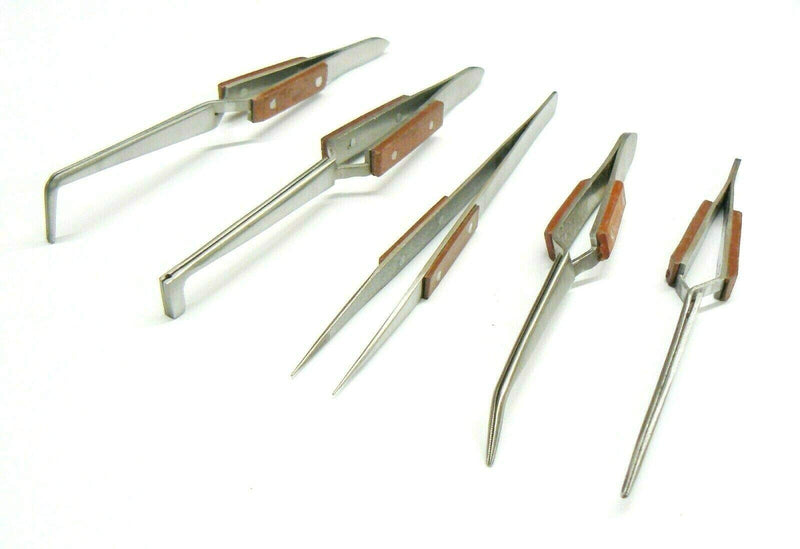 Fiber Grip Tweezers Jewelry Hobby Craft Soldering Fiber Grip Cross Locking Set Bent and Straight Tip 5 PCS By JTS