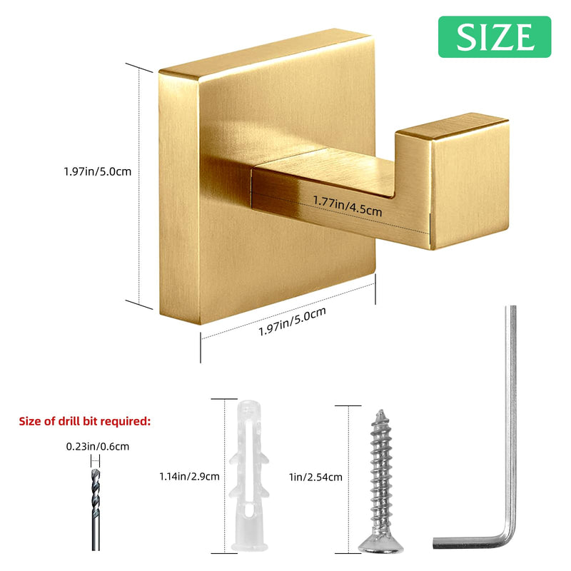 Towel Hooks Robe Hook Coat Hook Stainless Steel Heavy Duty Bathrooms Square Hooks Wall Mounted for Bathroom Kitchen Bedroom Brushed Gold 2 Pack