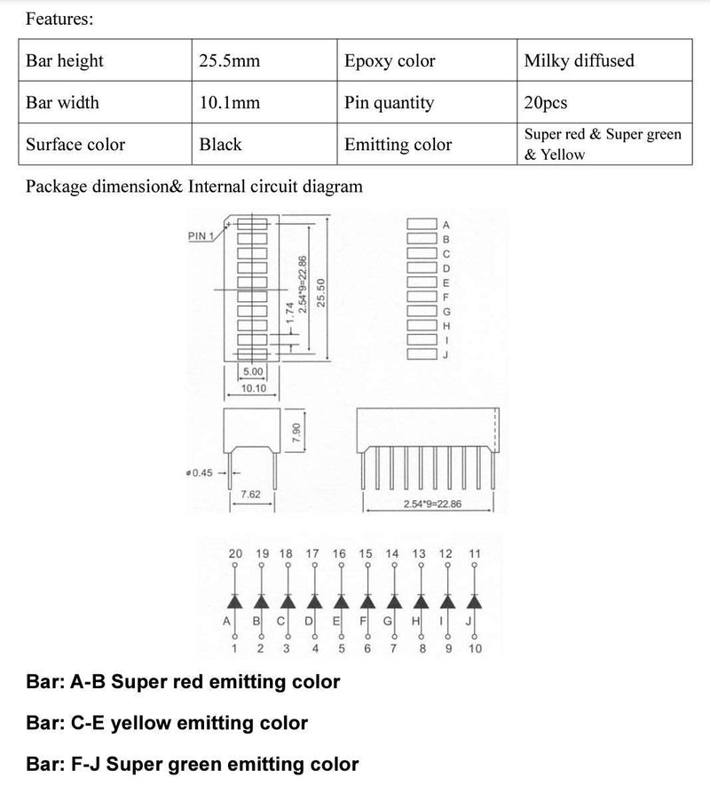New 2pcs. 10 Segment LED Bar Graph Display 3 Colors(2xSuper Red+3xYellow+5xSuper Green) Single led bar Graph(DIY or Arduino) ARGY