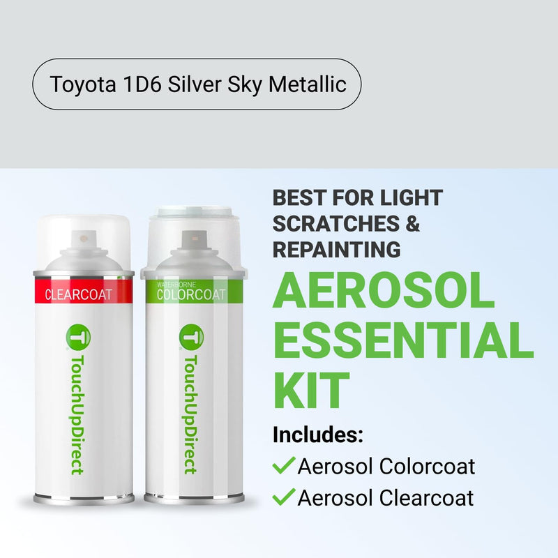 TouchUpDirect Car Paint Touch Up Spray Kit – Compatible with Toyota 1D6 Silver Sky Metallic Exact Match Auto Paint Kit with Car Color Spray and Clearcoat, for Repainting or Scratch Repair, Essential Kit Aerosol Spray - Essential Kit
