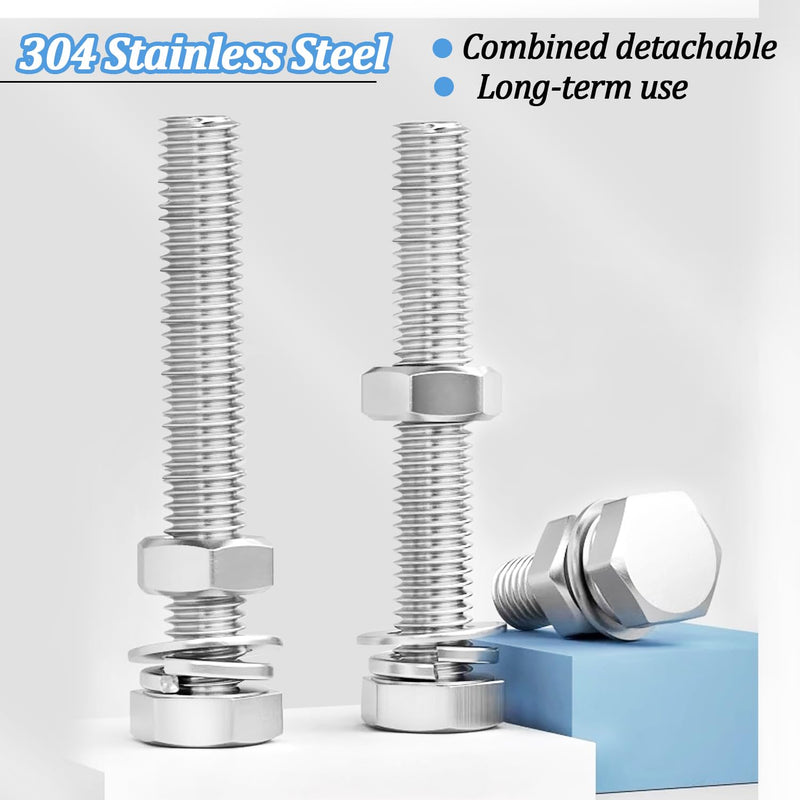 10 Sets 5/16-18 x 2-1/2" Stainless Steel Hex Head Screws Bolts, Flat, Nuts & Lock Washers,Hex Bolts 18-8(304) Full Thread 5/16-18 x 2-1/2"（10 Sets）