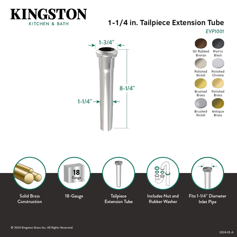 Kingston Brass Fauceture EVP1006 Century 8-Inch X 1-1/4 Inch O.D Slip Joint Brass Extension Tube, Polished Nickel