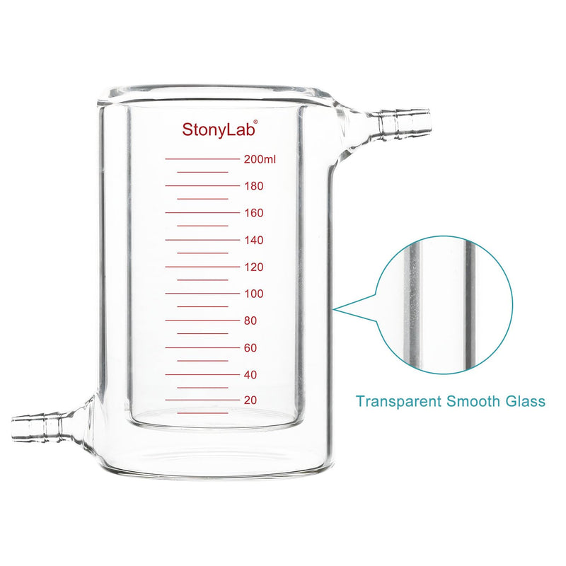 Stonylab Glass Jacketed Beaker, 200 ml Borosilicate Graduated Flat-Bottom Double-Layer Lab Reaction Beaker