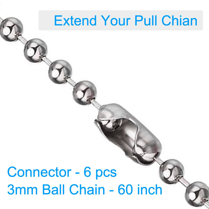 Ceiling Fan Pull Chain, 60 Inch Pull Chain Extension for Ceiling Fans and Light Fixture, Rust Proof Stainless Steel Ball Chain with Matching Connectors (3mm Diameter, Silver) 60inch
