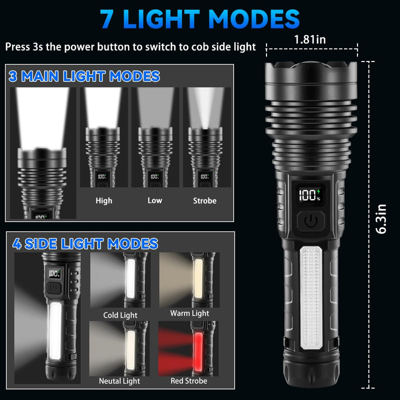 4Pack Flashlights High Lumens 9900FL, 7Mode Flashlight Rechargeable with LCD Digital Display, Rechargeable Flashlights with COB Light, Adjustable Super Bright Flashlight, Powerful Tactical Flash Light 4Pack