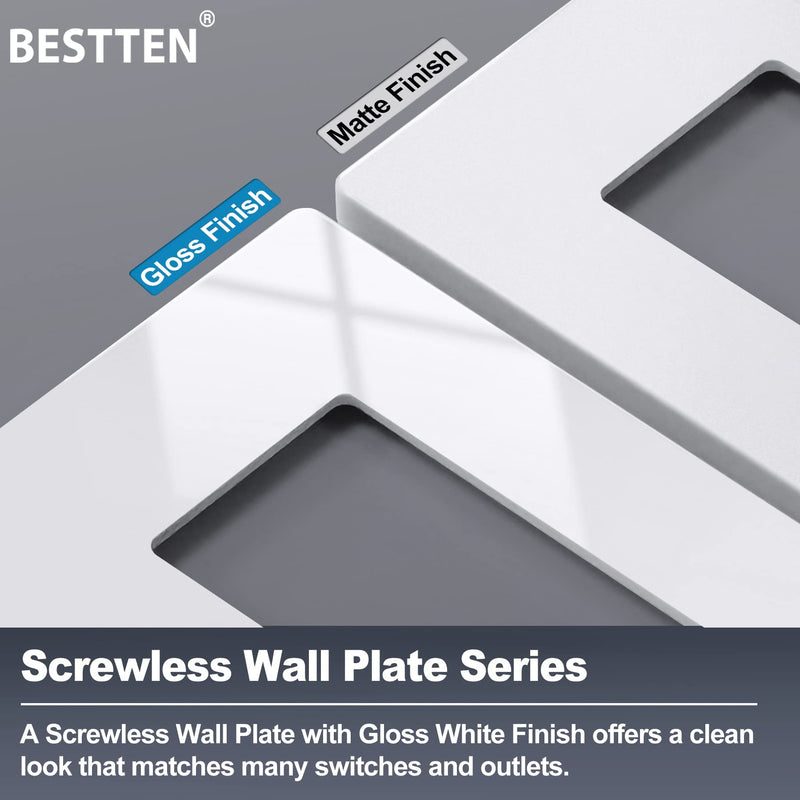 BESTTEN 5 Pack Screwless Decorative Wall Plate, 3-Gang Decorator Outlet Cover, Decor Switch Cover, USWP6 Gloss Snow White, H4.69” x W6.54”, Wallplate for Dimmer, GFCI, USB Receptacle 3 Gang 5PK