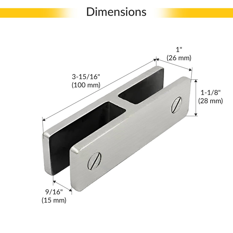 Brixwell Glass-to-Glass Bracing Clamp 180 Degree Type, Duplex 2205 Stainless Steel, Brushed Stainless Steel Finish, Fits 3/8" to 1/2" Tempered Panels, 3-15/16" Overall Length, 1-1/8" Overall Height