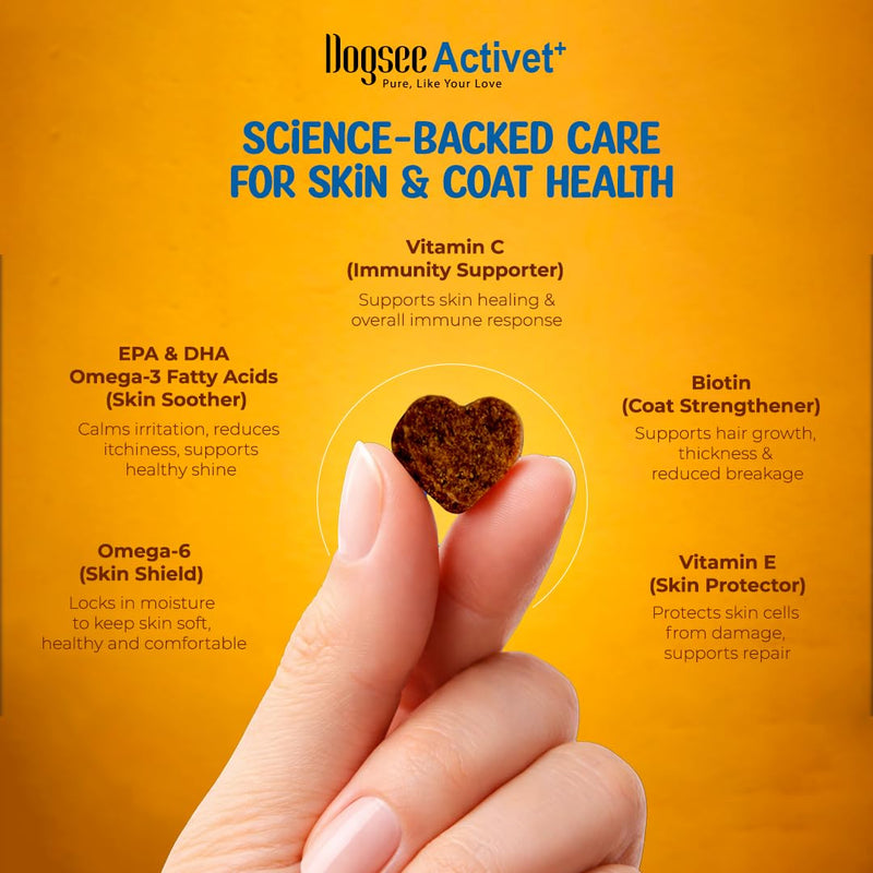 Dogsee Activet+ Dog Skin Coat Supplement Chews, with Omega 3, Omega 6,EPA & DHA, Biotin & Collagen, Stops Itchy Skin, Reduces Shedding, Promotes Shiny Coat, Healthy Skin, Chicken Flavor - 90 Chews Skin & Coat - Chicken