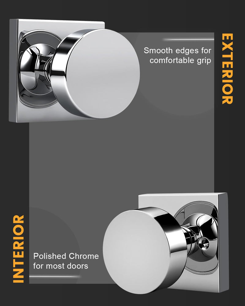 Gobrico Polished Chrome Passage Door Knobs with Square Rosette(2 Pack), Heavy Duty Closet Door Handles Without Lock, Door Knob Sets for Hallways Passage (Without Locking) 2