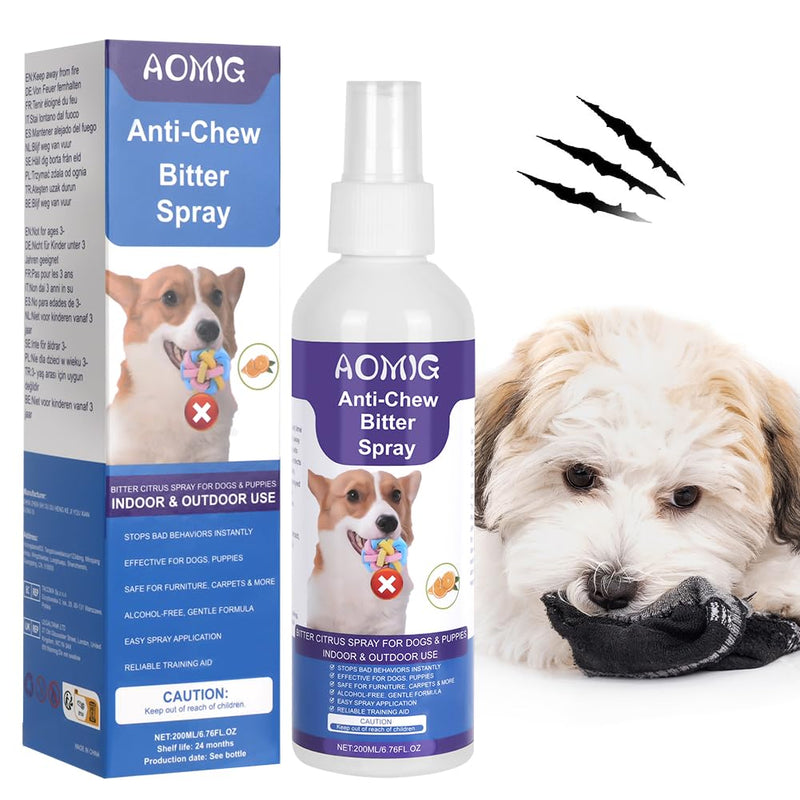 AOMIG Bitter Apple Spray for Dogs to Stop Chewing Licking, No Chew Spray for Dogs, Alcohol-Free Dog Deterrent Sprays to Anti-Chew Furniture Shoes, Indoor & Outdoor Safe Effective Training Aid, 200ml Anti-Chewing Bitter Spray