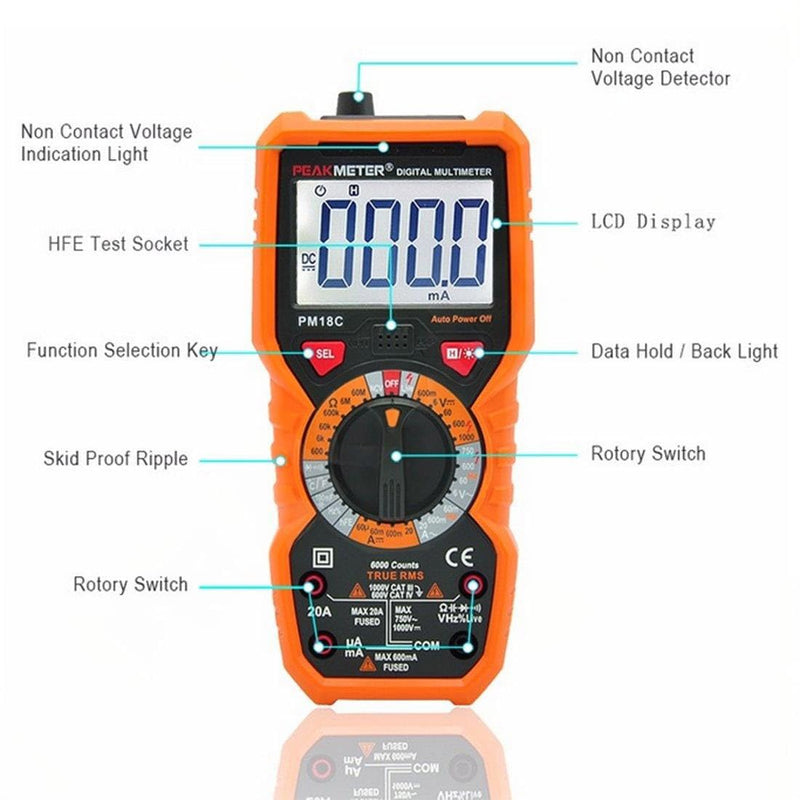 PM18C High Performance Digital Multimeter with AC/DC Voltage, Current Measurement Electrical Tester with 6000 Counts Orange Cover