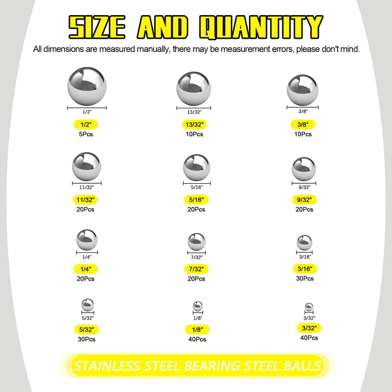 265 Pcs 12 Sizes Precision Chrome Steel Bearing Ball Assortment Kit with Storage Box 1/2'' 3/32’’ 1/8" 5/32" 3/16" 7/32" 1/4" 9/32" 5/16" 11/32" 3/8" 13/32" SAE 265