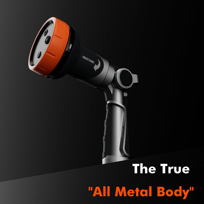 RESTMO Multi-Angle Garden Hose Nozzle with Sprinkler Function, Heavy Duty Water Hose Nozzle with 4 Spray Patterns, Magic Twist and Thumb Flow Control for Garden Watering, Car Washing & Yard, Orange 1