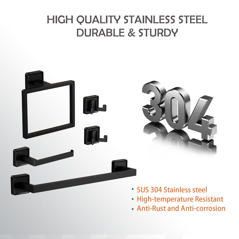 5-Piece Bathroom Hardware Set, Modern Square Black SUS304 Stainless Steel Wall Mounted Accessories for Bathroom & Toilet, Includes Towel Bar, Ring, Toilet Paper Holder and Double Hooks