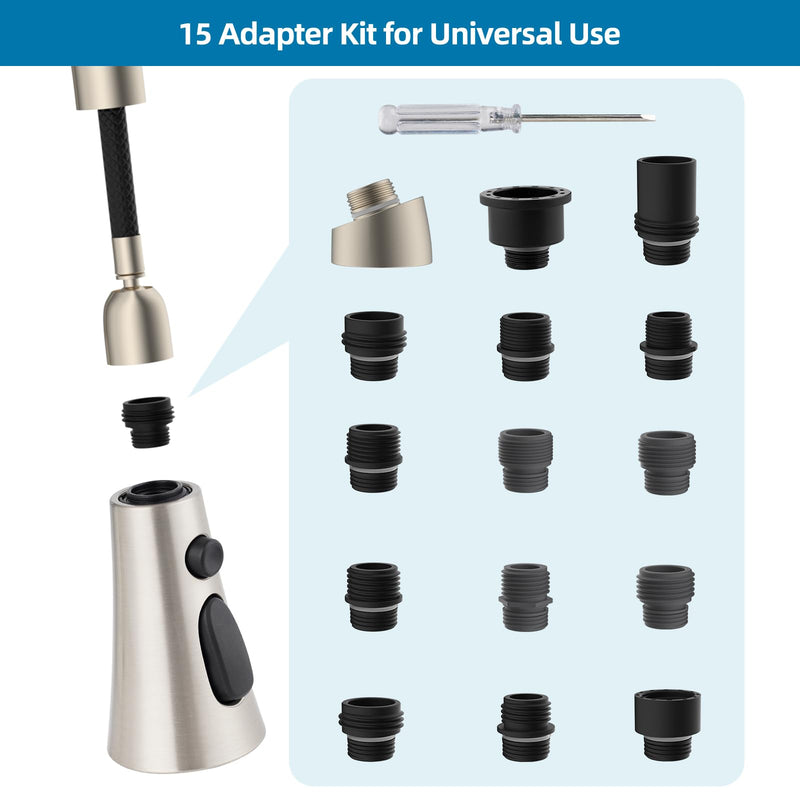 Kitchen Faucet Head Replacement with 15 Adapter Kit Compatible with American Standard/Kohler/Moen/Delta Faucets, 3 Function Pull Down Sink Faucet Spray Head, Brushed Nickel