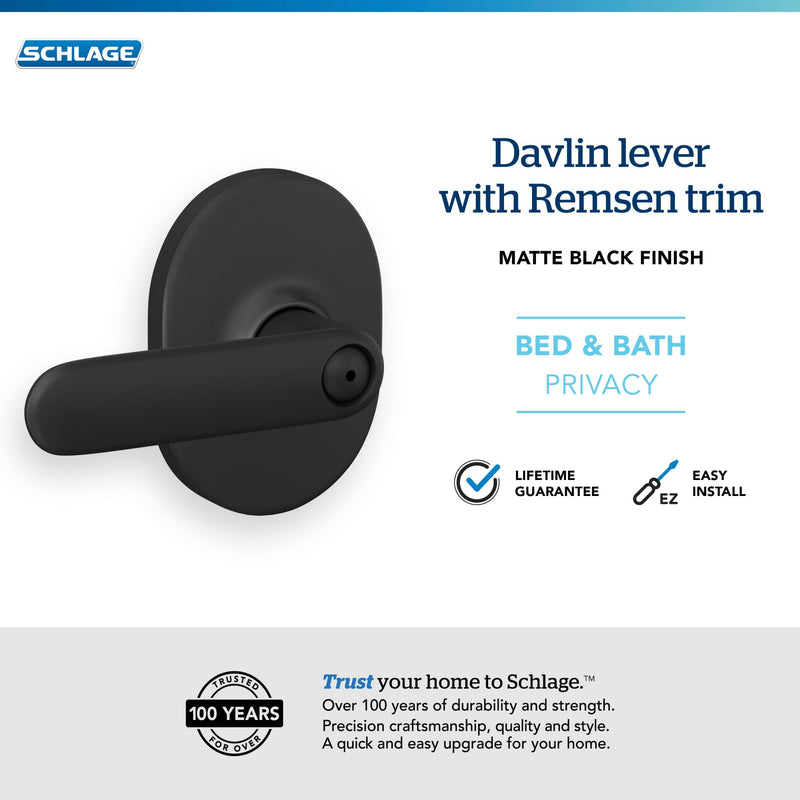 Schlage F40 DAV 622 RMN Davlin Door Lever with Remsen Trim, Bed & Bath Privacy Lock, Matte Black