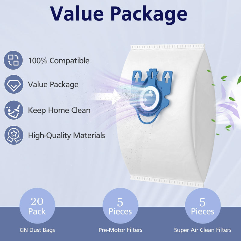 20 Pack 3D Airclean Bags Replacement for Miele GN Vacuum Cleaner Bags for Miele Classic C1 Complete C1 Complete C2 Complete C3 S227 S240 S270 S400 S2 S5 S8 Series GN Dust Bag-20 Pack