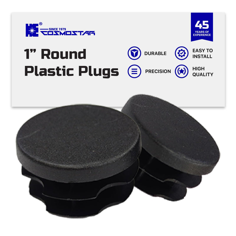 Cosmostar 1" Inch (25.4 mm) Round Plastic Plugs for Outside Tube Size - Durable Black End Caps for Folding Chair Leg Caps, Folding Chair Feet Cap, Outdoor Chair Leg Caps, Chair Leg Caps- 10 Pcs 1"