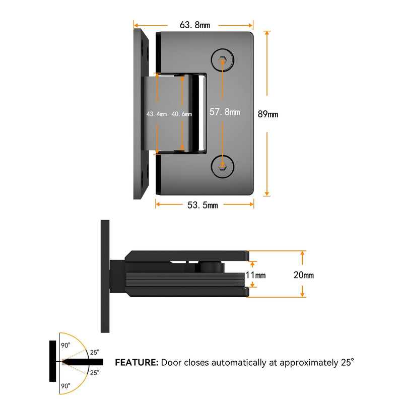 Matte Black 90 Degree Glass Shower Door Hinges, Heavy Duty Stainless Steel, 1/4" to 1/2" Thick Glass, 50-55 lbs Capacity, 90 Opening, Easy Installation 1Piece Matte Black