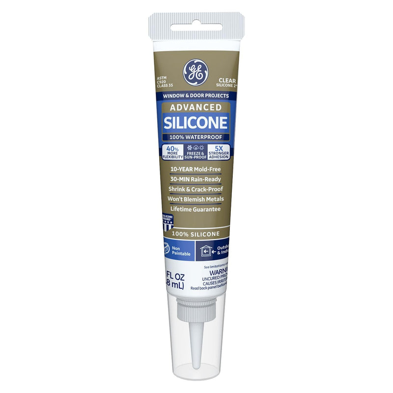 GE Advanced Silicone Caulk for Window & Door - 100% Waterproof Silicone Sealant, 5X Stronger Adhesion, Freeze & Sun Proof - 2.8 fl oz Tube, Clear, 1 Pack Pack of 1