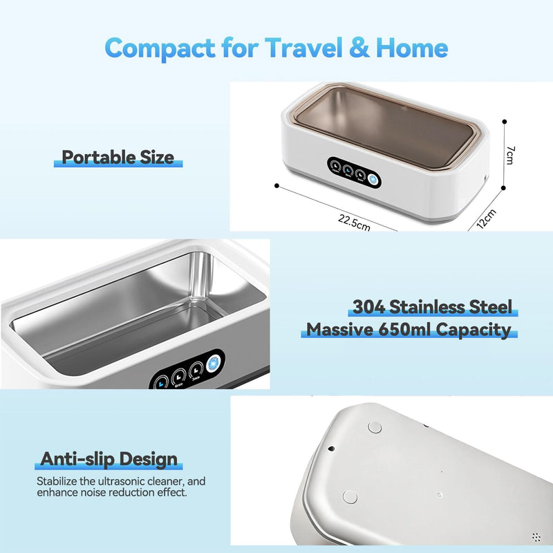 Ultrasonic Jewelry Cleaner Machine: 49KHz UltraSonic Cleaner with 3 Cleaning Modes for Jewelry,Eyeglass,Rings,Watch Band,Dentures,Retainers,Coins,Earring,Large 650ML 304 Stainless Steel Tank (White) White