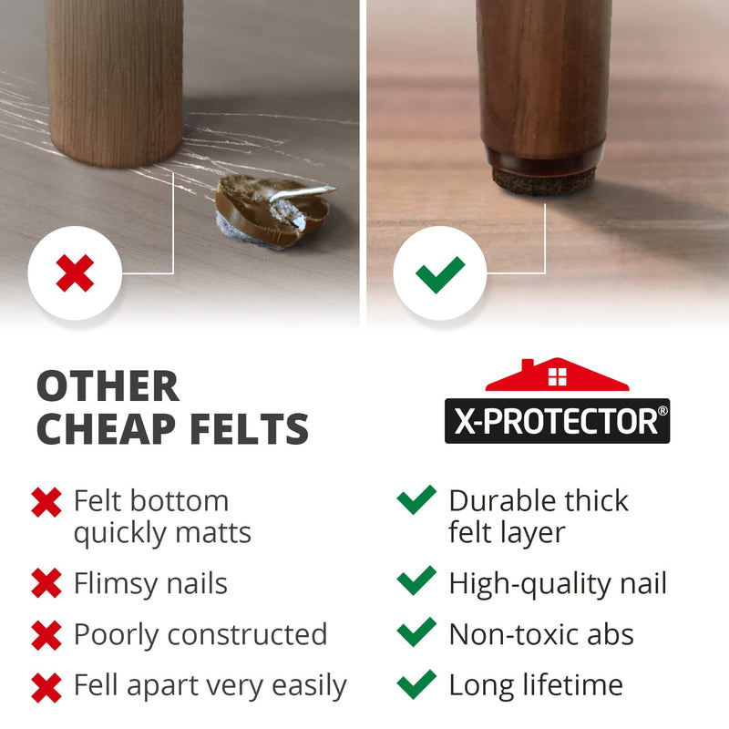 Nail-on Felt Pads X-PROTECTOR 40 PCS - 0.8" Felt Furniture Pads - Brown Chair Leg Floor Protectors - Nail in Furniture Pads for Furniture Legs - The Best Felt Chair Pads for Hardwood Floors (20mm)! 20mm Brown