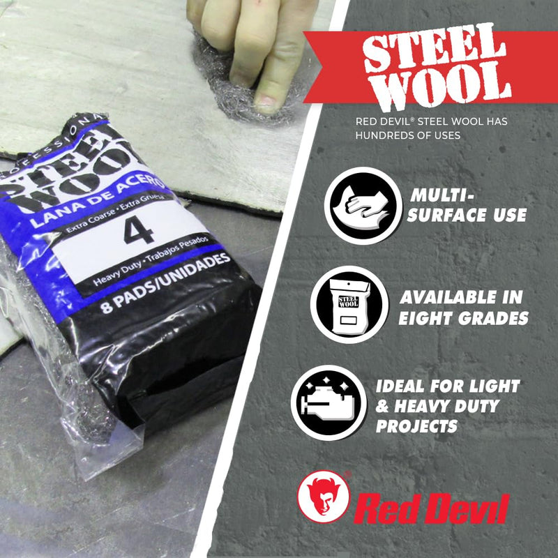 Red Devil 0320 Steel Wool, 0000 (Pack of 8) 8 Pads 0000 Super Fine
