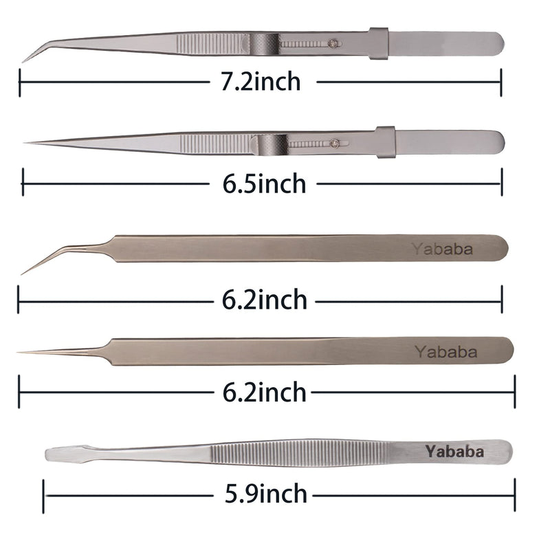Tweezers, 5 Pcs Precision Tweezers Set, Anti-Static Stainless Steel Long Tweezers Kit for Electronics, Laboratory Work, Jewelry-Making, Craft, Soldering, Hobby, Watches, Car Machines Repair Etc Silver Grey
