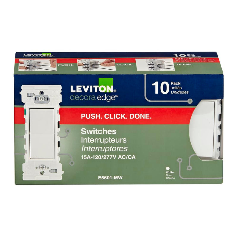 Leviton E5601-MW Decora Edge 15 Amp Single Pole Rocker Switch, 10-Pack, White 10 Pack