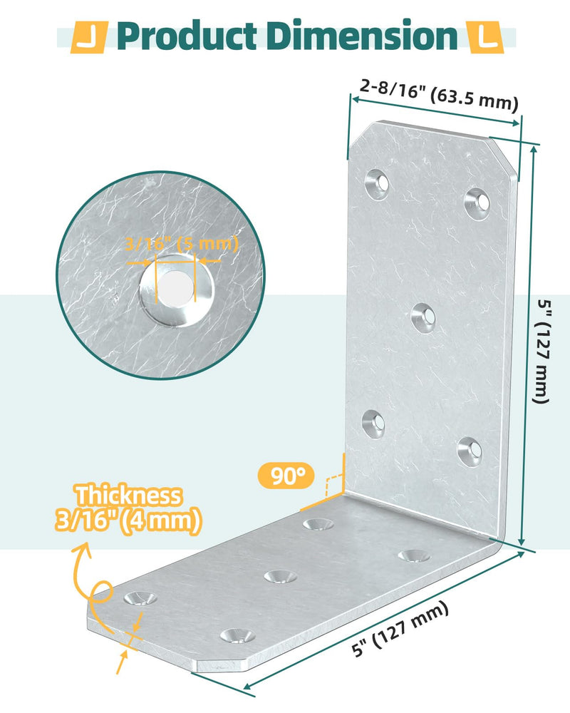 5"×5"×2.5" L Brackets, 90 Degree Corner Brace, Galvanized-16PCS