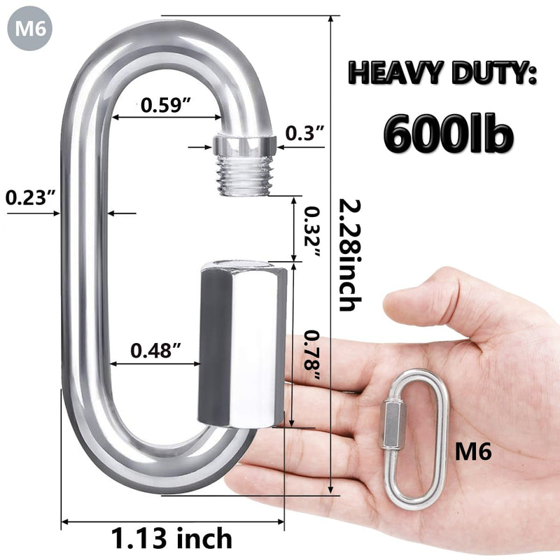 Quick Link, Lsqurel 304 Stainless Steel D Shape Locking Carabiner Heavy Duty Chain Link Keychain for Outdoor Fence Gate Swings Pet Dog M4 M6 M8 M10 M12 Capacity 200lb 600lb 1200lb 2400lb 3000lb M6 10Pack