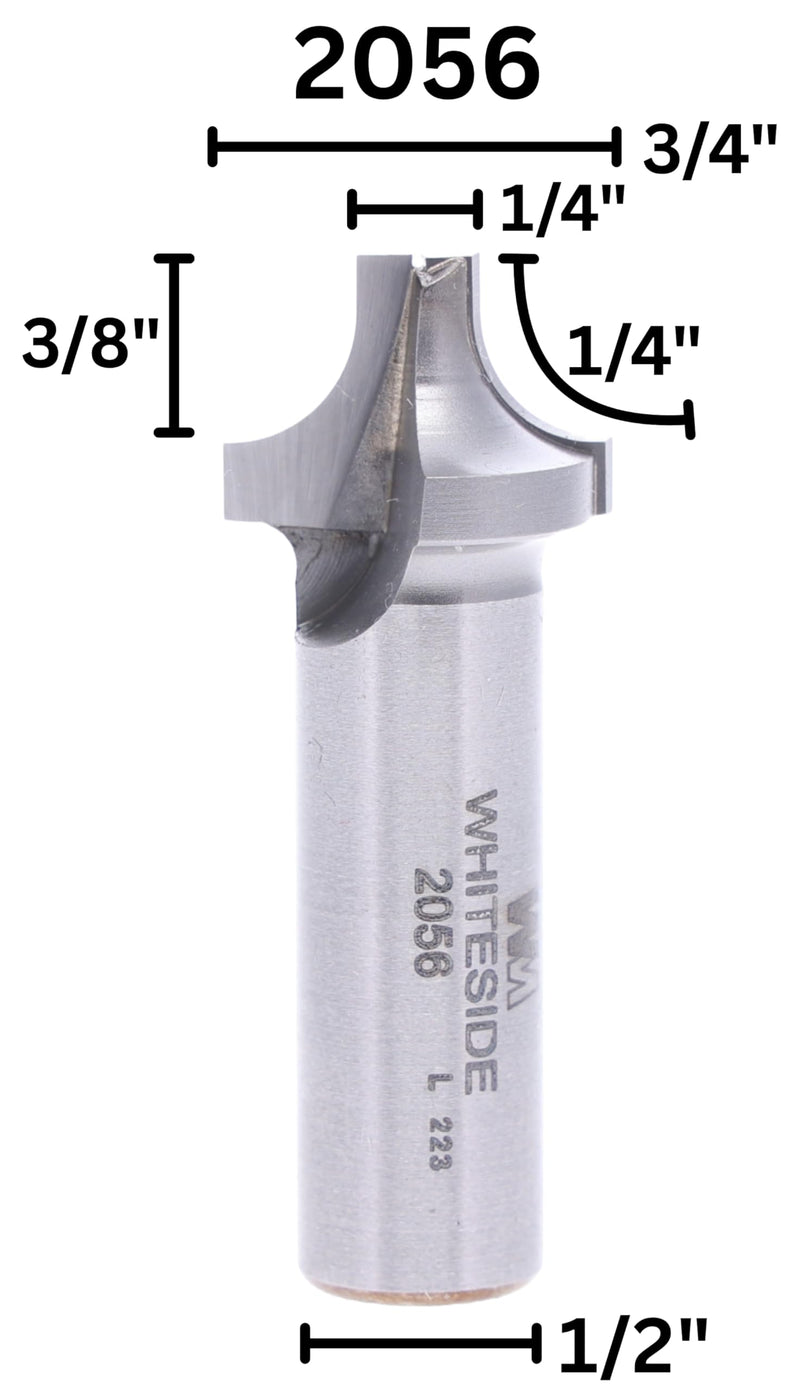 Whiteside 2056 Traditional Roundover & Edge Trim Router Bit: 1/4 Inch Radius, 3/4 Inch Large Diameter, 1/4 Inch Small Diameter, 1/2 Inch Shank, and 3/8 Inch Pattern Length