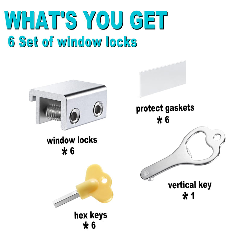 Sliding Window Locks (6 Sets), Security Window Locks with Keys, Adjustable Aluminum Sliding Window Stops, Easy Installation Without Drilling, for Vertical and Horizontal Sliding Windows (Silver) 6 Set Double Lock Silver