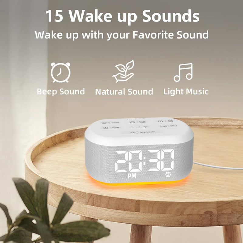 Small Digital Alarm Clock for Bedrooms Sound Machine with 30 Soothing Sound Plug in Desk Clock with Night Light Noise Machine Battery Backup 15 Wake up Sound Clock for Teen Kid Heavy Sleeper Snooze White