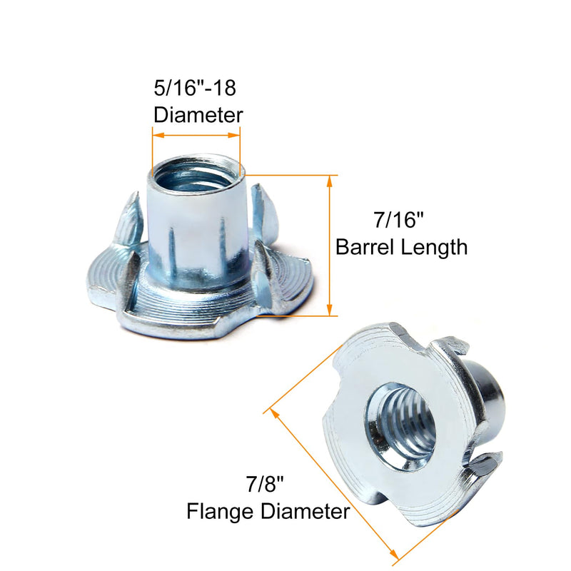 Yinpecly 5/16"-18 T-Nut (50 Pack), Zinc Plated Carbon Steel T-Nut, 7/16" Barrel Length, 4 Pronged Tee Blind Nuts, Threaded Inserts for Wood, Rock Climbing Holds, Cabinetry, Furniture