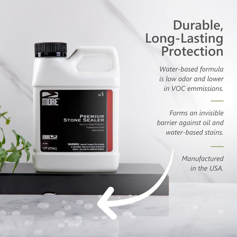 More Premium Stone Sealer - Water-Based Protectant - Granite, Marble, Concrete & Grout Sealer - for Indoor & Outdoor Use - Protects Against Oil, Water-Based Stains - Unscented - (16oz) Pint