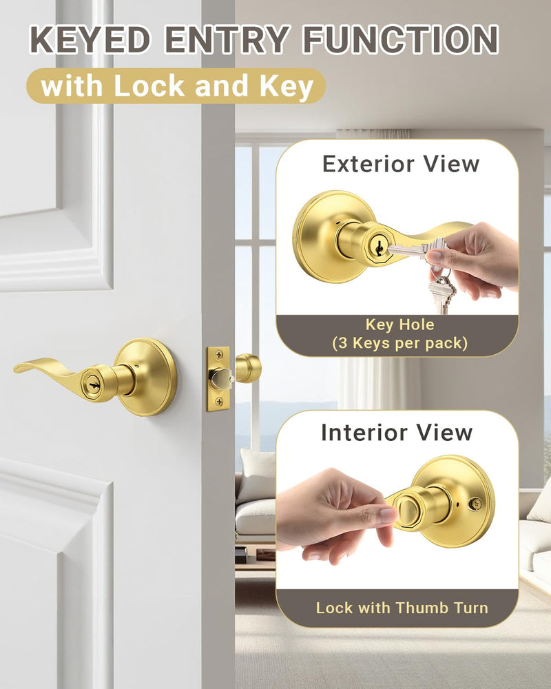 KNOBWELL 2 Pack Gold Door Handle with Lock and Key, Keyed Alike Gold Door Knob for Front/Entrance/Bedroom, Reversible for Left&Right Keyed Entry(Keyed Alike)