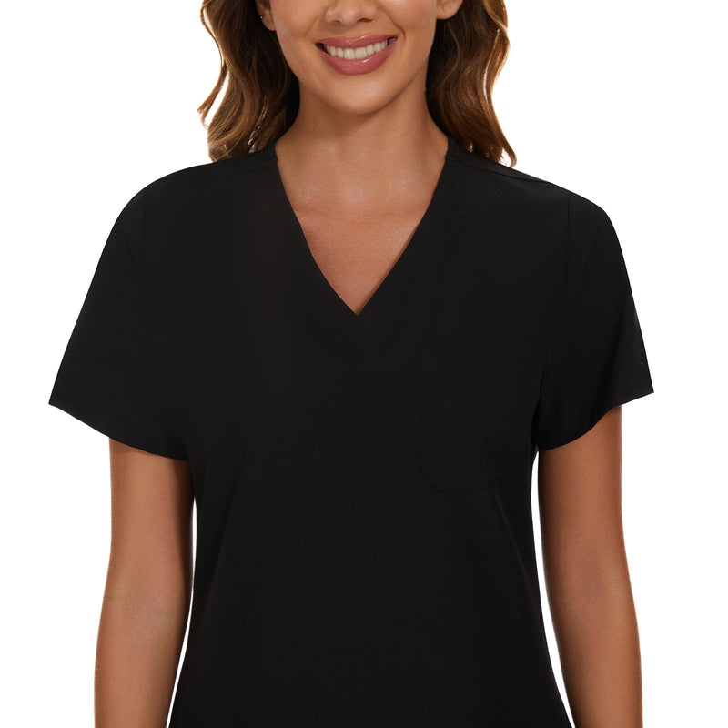 COZYFIT Scrub Tops for Woman - Soft Stretch, V-Neck Top Scrubs with 3 Pockets, Easy Care for Women Black Large