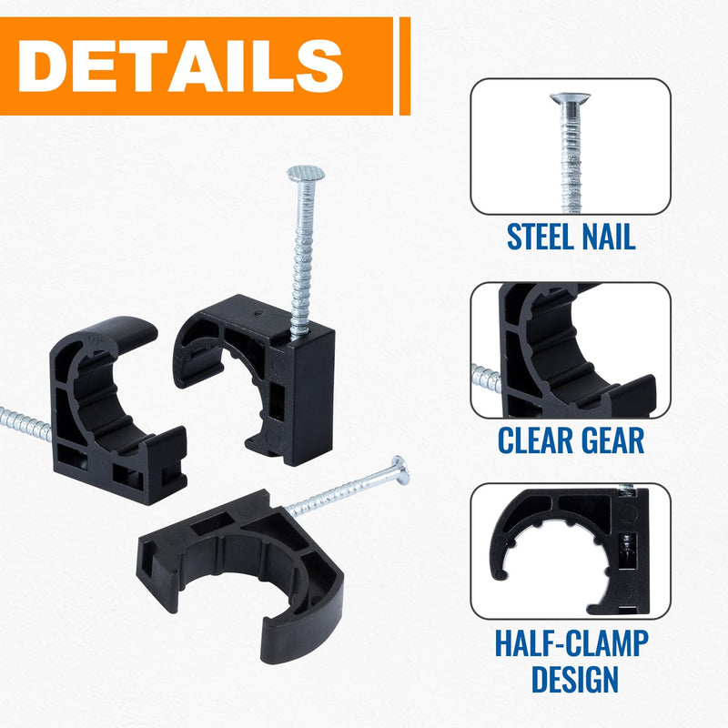 (60 Pack) SUNGATOR 1/2 Inch Pex J-Hook with Nails, Black Half Clamps, 1/2" J Clamps for Pex Pipe Support, 1/2" J-Hook Pipe Hanger Suitable for Wall Mount Pipe Tubing Fixture 60