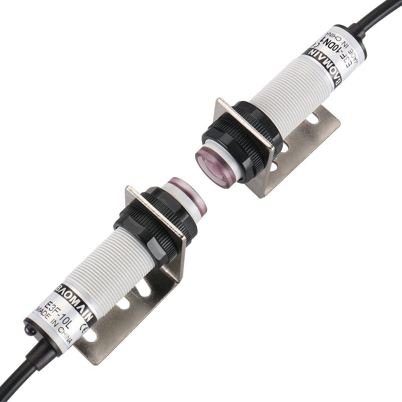 Baomain 1 Pair M18 Infrared Ray Through-Beam Reflection Optical Photoelectric Sensor Switch E3F-10DN3/E3F-10L NPN NO+NC 10-30V DC Sensing Distance 10m 4 Wires with Mounting Bracket
