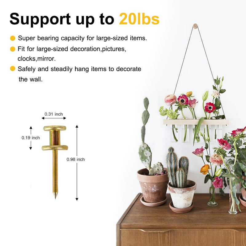 Double Headed Picture Hangers(20lbs-50pcs), Picture Hanging Nails, Thumb Tacks for Wall Hanging, Wall Nails for Hanging, Professional Plaster Picture Hooks for Wooden Wall or Drywall