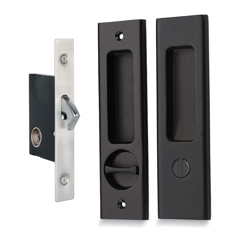 Hoconnie 6.3” Privacy Pocket Door Lock Hardware, Sliding Door Lock, Bathroom Mortise Lock, Invisible Furniture Hardware for 1-7/16” ~ 1-15/16” Thickness Door Matte Black 6.3''-Keyless
