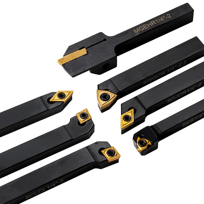 Indexable Lathe Turning Tool-1/4" Shank 7 Pieces Carbide Turning Tool Set, CNC Heavy-Duty Metal Lathe Cutting Tools for Turning Grooving Threading Cutting with Tin Coated Carbide Inserts