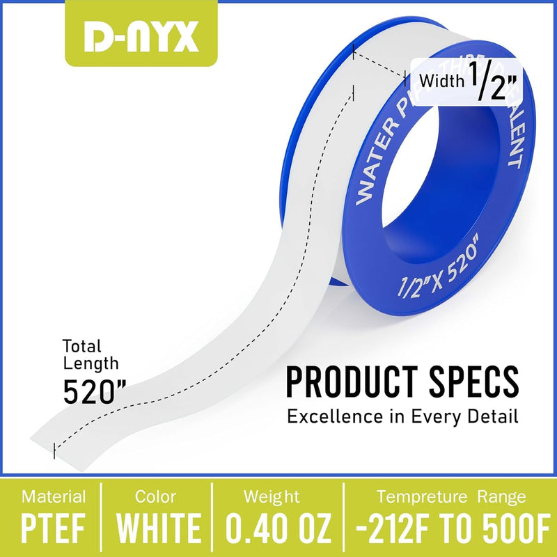 4 Rolls 1/2 Inch(W) X 520 Inches(L) Teflon Duct Sealant Tape for Shower Head, Plumbing Thread Tapes, Water Pipe Sealing Plumbers PTFE Thread Seal, Pipe Dope Thread Sealant for Water 4 Pack