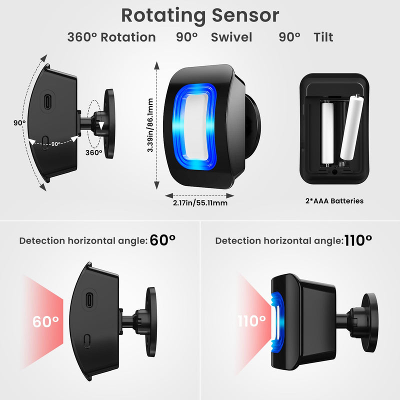 Wireless Motion Sensor LED Light - Motion Detector Alarm Chimes Door Sensor with 500 FT Range Security Alert Monitor System for Home, Business, Store, Office, School A 1 Receiver+2 Sensors
