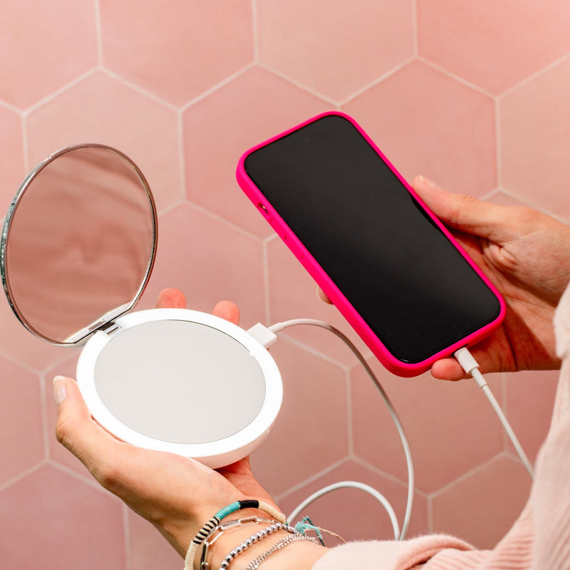 stylPro Flip N Charge Power Bank Compact Mirror with LED Light - Handheld Pocket Magnifying Mirror Travel Makeup & Hair Styling - 2 in 1 USB Charger - Mini Portable Mirror for Purse - 1 Piece