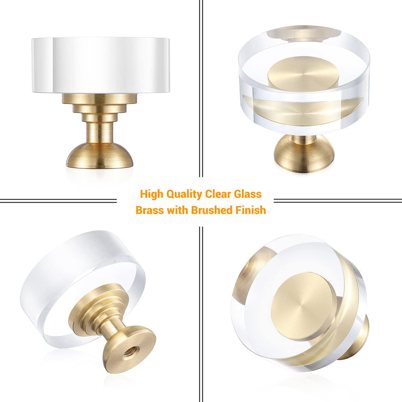 12-Pack 1-1/4-Inch White Cabinet Glass Crystal Brass knobs Brass Drawer Round Knobs Dresser Pulls, Gold Hardware Kitchen Closet knobs for Bifold Doors 12 Pack Round-1.2inch